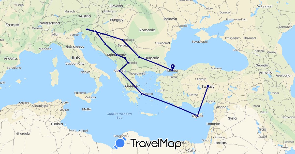 TravelMap itinerary: driving in Albania, Bosnia and Herzegovina, Bulgaria, Cyprus, Greece, Croatia, Montenegro, Macedonia, Serbia, Slovenia, Turkey, Kosovo (Asia, Europe)
