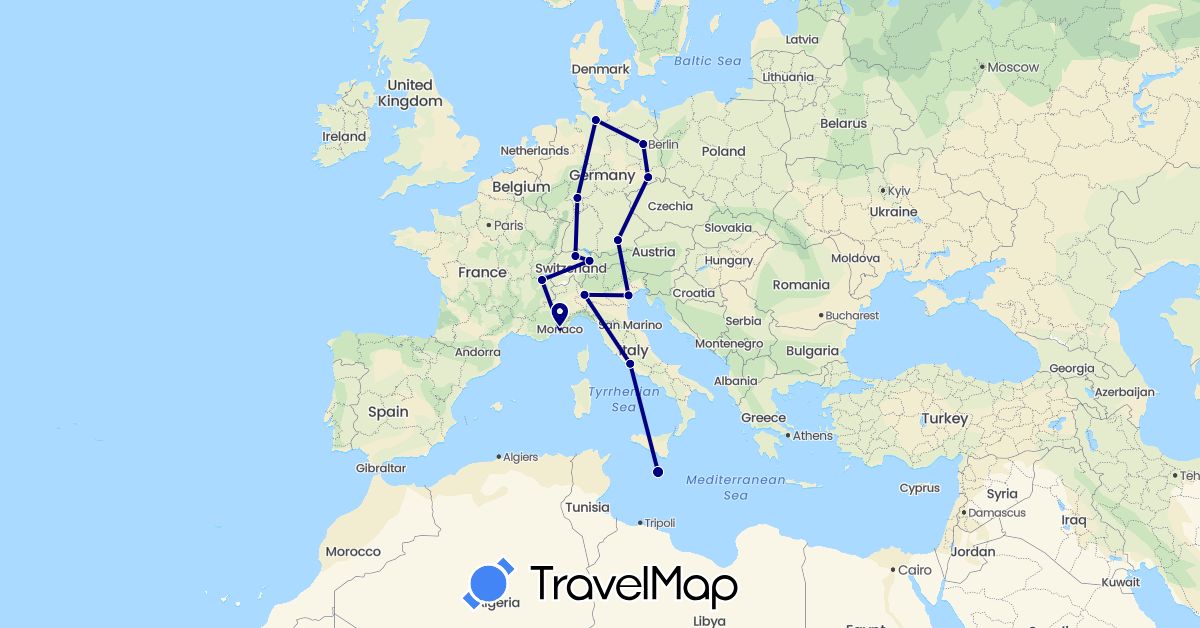 TravelMap itinerary: driving in Switzerland, Germany, Italy, Liechtenstein, Monaco, Malta, Vatican City (Europe)